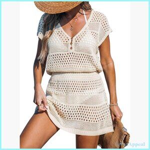 Large Crochet Swimsuit Cover Up Dress Short Sleeve Beach Coverup